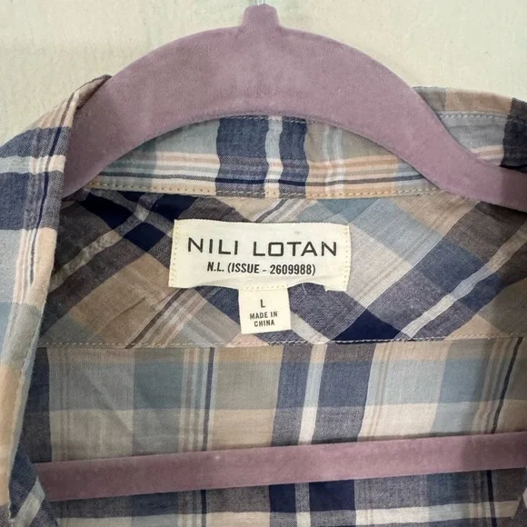 NILI LOTAN Lydia Plaid Shirt Buttondown Collar Brown Blue Tan Size L - Picture 3 of 4